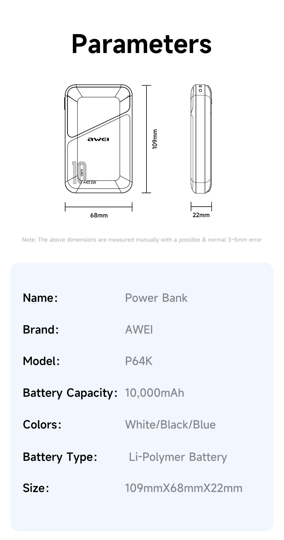 AWEI 22.5W Power Bank P64K