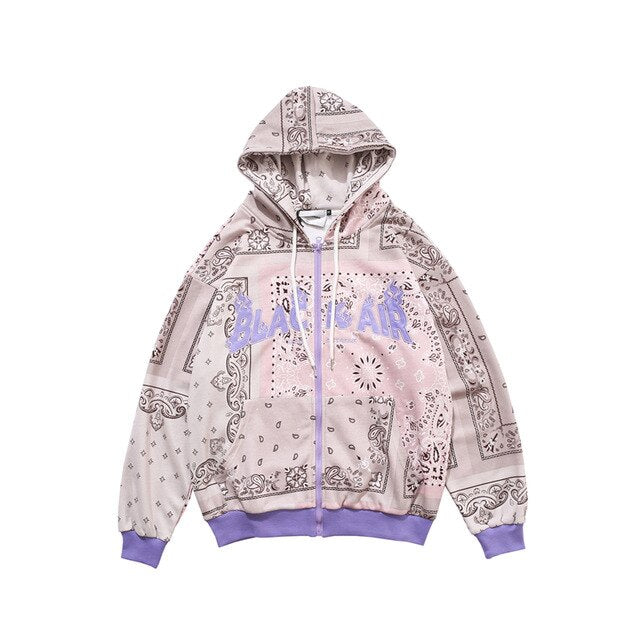 Full Zip Cashew Flowers Pink Hooded Sweatshirts Hoodies Men/women Harajuku Casual Patchwork Hoodie Hip Hop Cotton Tops